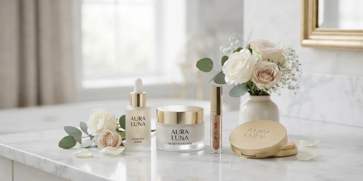 Productfotografie van cosmetica op marmer met rozen