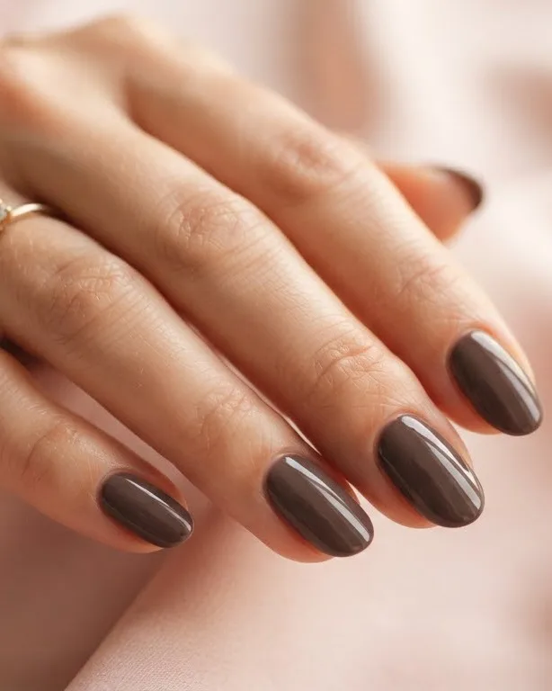 Handen met een diep taupekleurige manicure op blushkleurig satijn
