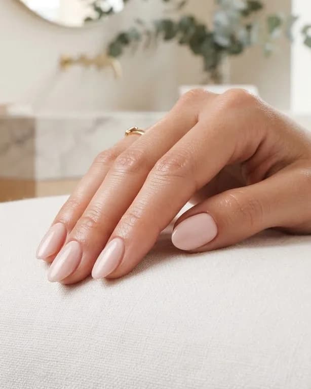Hand met een zachte roze manicure op een wit doek