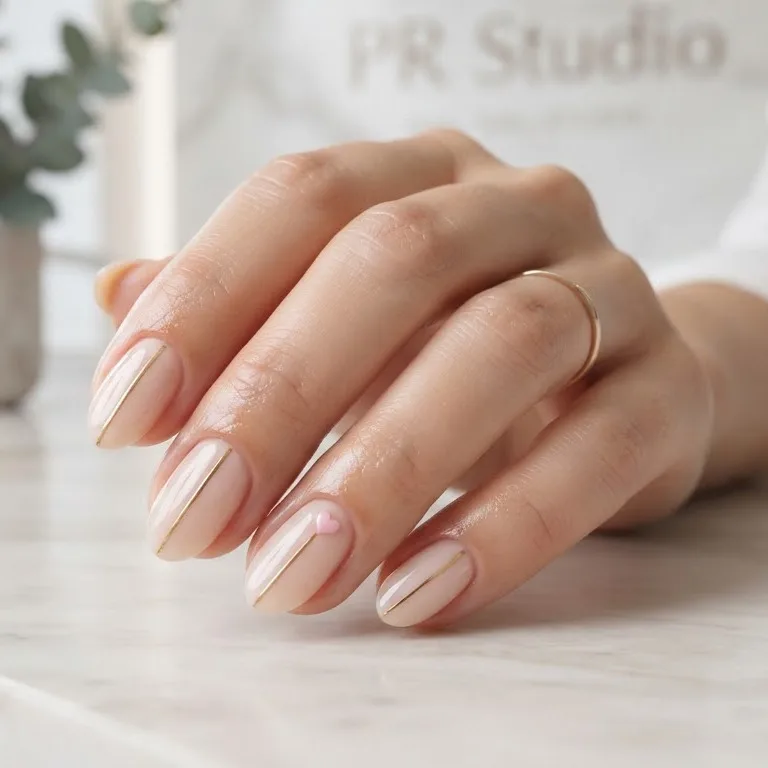 Nagels in nude met een dunne gouden lijn, op marmer
