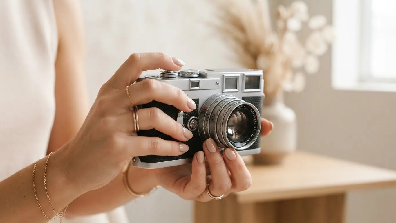 Verzorgde handen met dunne gouden ringen die een vintage camera vasthouden