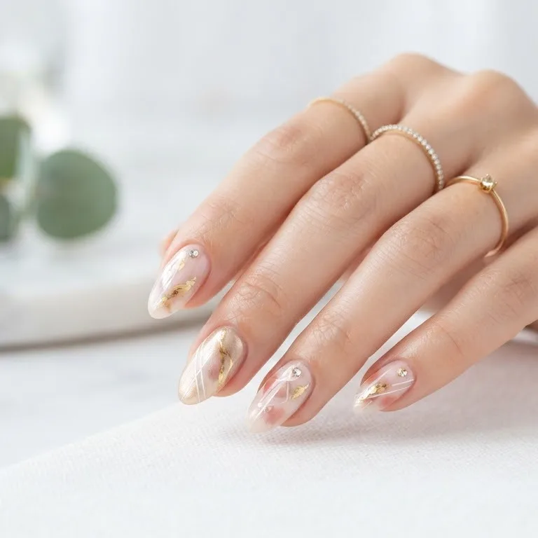 Hand met gouden ringen en een nude manicure op marmer