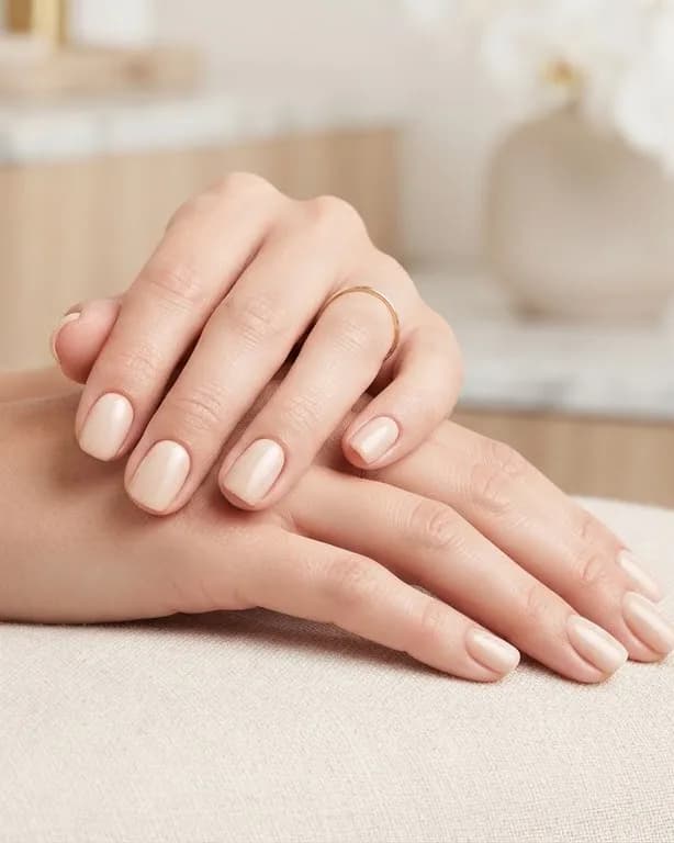 Verzorgde handen met een natuurlijke manicure op een wit linnen doek