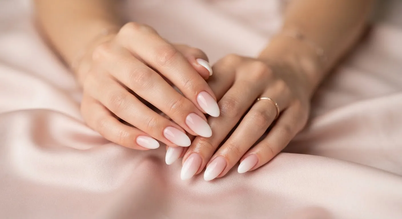 Twee handen met een parelmoerwitte set nagels op blushkleurig satijn