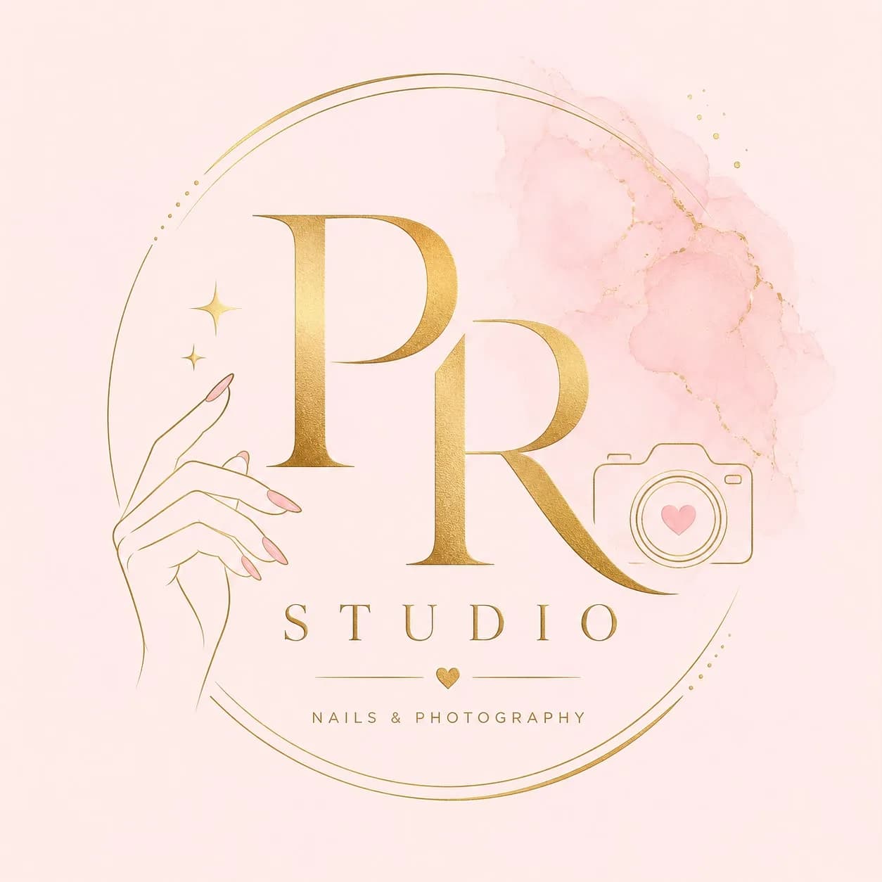 Het logobord van PR Studio in roze acryl met gouden opdruk, aan de wand van de studio